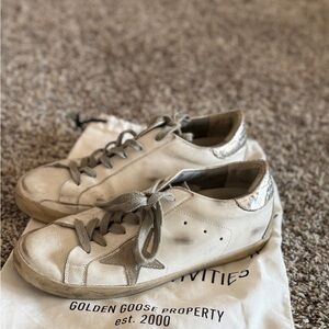 Golden Goose Cream and Silver Sneakers